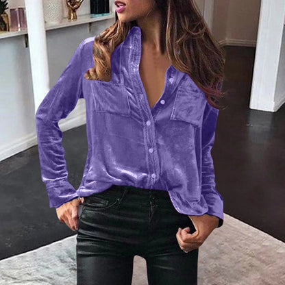 LVSANW Women Blouses Velvet Shirts Elegant Casual Solid Solor Tops Long Sleeve Loose Fit Shirt With Button Warm Clothes Blusas Winter