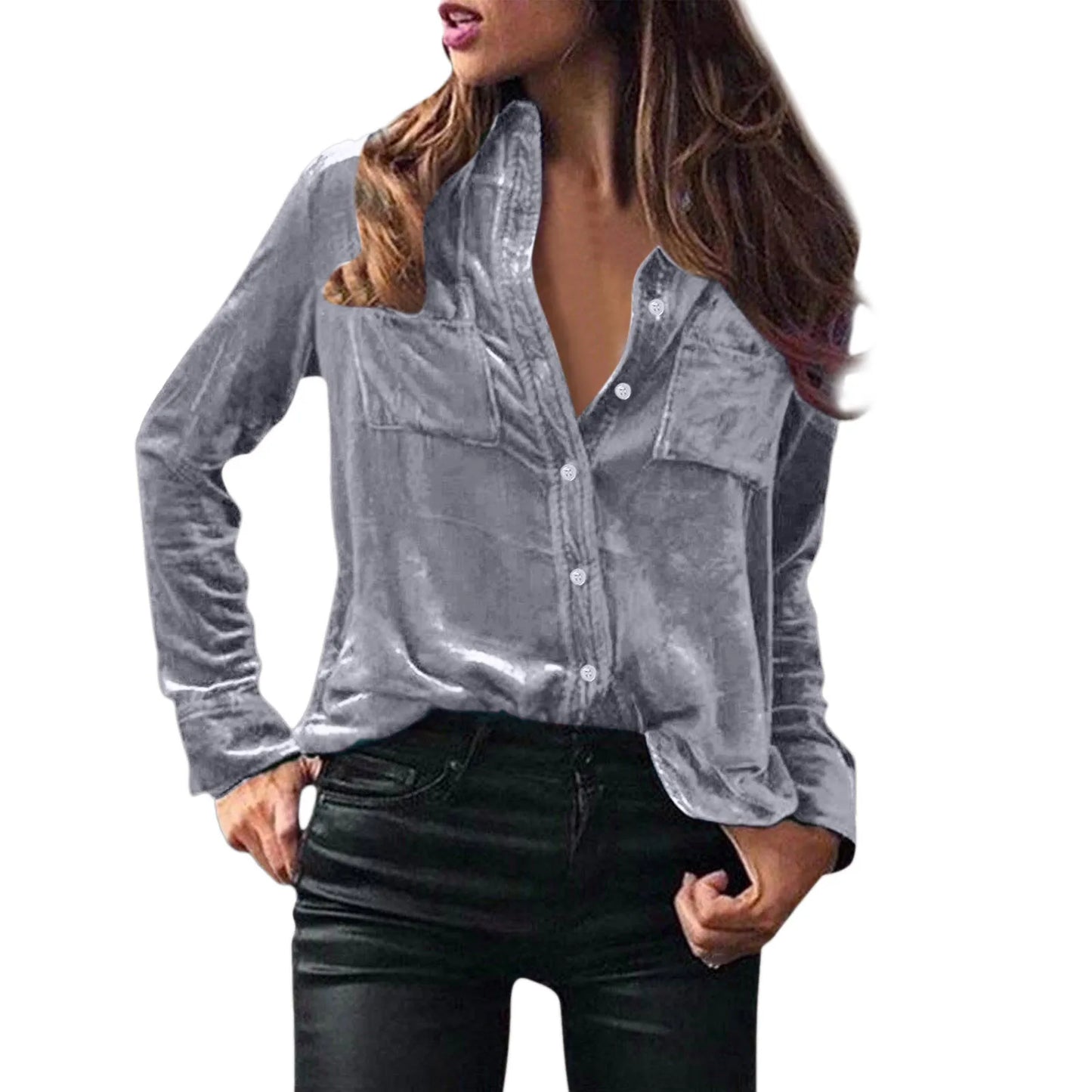 LVSANW Women Blouses Velvet Shirts Elegant Casual Solid Solor Tops Long Sleeve Loose Fit Shirt With Button Warm Clothes Blusas Winter