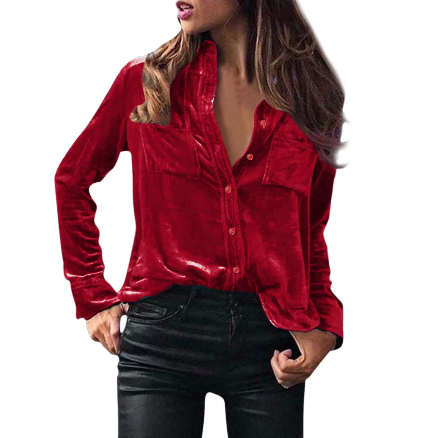 LVSANW Women Blouses Velvet Shirts Elegant Casual Solid Solor Tops Long Sleeve Loose Fit Shirt With Button Warm Clothes Blusas Winter