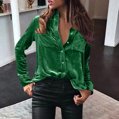 LVSANW Women Blouses Velvet Shirts Elegant Casual Solid Solor Tops Long Sleeve Loose Fit Shirt With Button Warm Clothes Blusas Winter