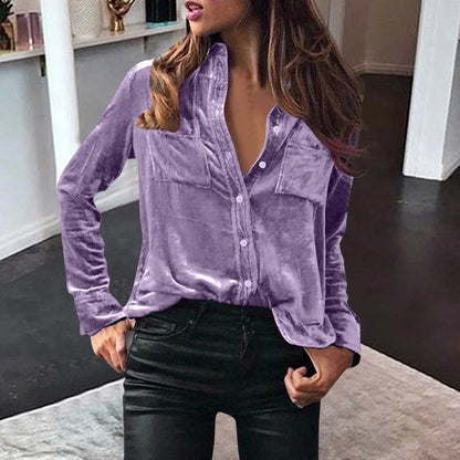 LVSANW Women Blouses Velvet Shirts Elegant Casual Solid Solor Tops Long Sleeve Loose Fit Shirt With Button Warm Clothes Blusas Winter