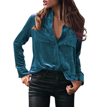 LVSANW Women Blouses Velvet Shirts Elegant Casual Solid Solor Tops Long Sleeve Loose Fit Shirt With Button Warm Clothes Blusas Winter