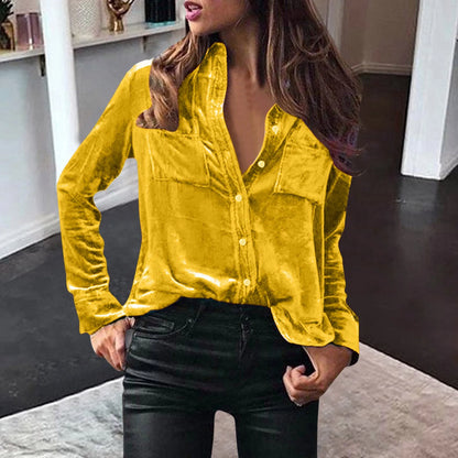 LVSANW Women Blouses Velvet Shirts Elegant Casual Solid Solor Tops Long Sleeve Loose Fit Shirt With Button Warm Clothes Blusas Winter