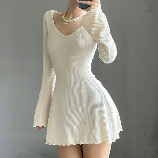 LVSANW Women Bodycon Mini Dresses for Women Sexy Long Sleeve Ruched Short Dress Knit Long Sweater Fairy Grunge Y2K Streetwear