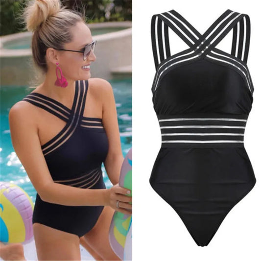 LVSANW Women Bodysuit Swimsuits 2024 Summer One_piece Swimwear For Lady High Neck Bandage Cross Back Padded Up Swimming Suit For Women