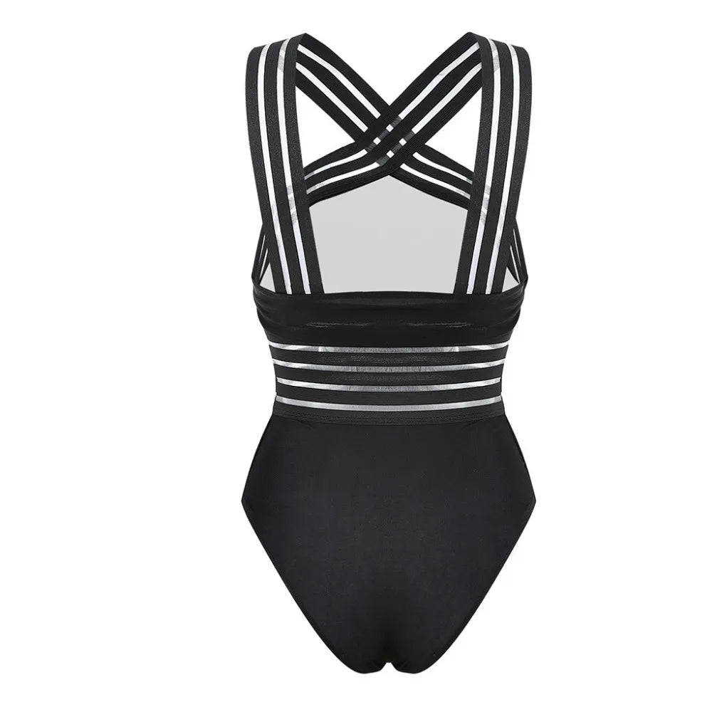 LVSANW Women Bodysuit Swimsuits 2024 Summer One_piece Swimwear For Lady High Neck Bandage Cross Back Padded Up Swimming Suit For Women