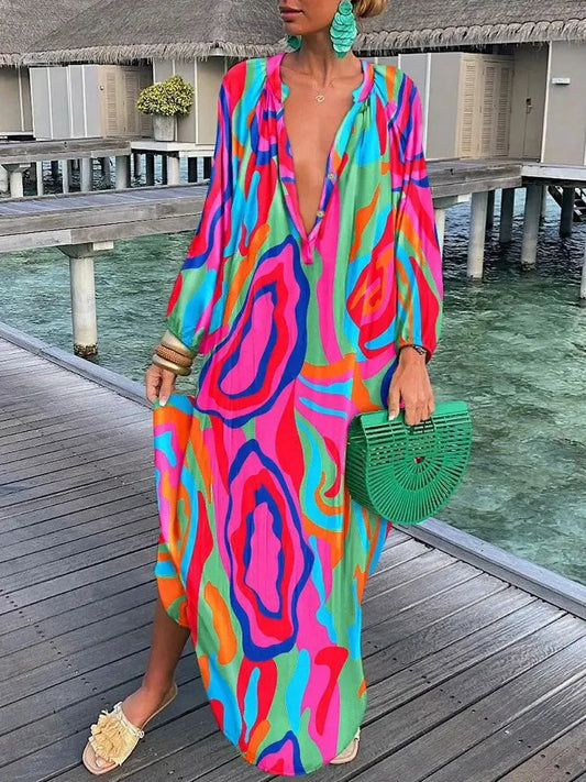 LVSANW Women Boho Maxi Dress 2024 Summer Sexy Deep V-Neck Long Dresses Vintage Print Long Sleeve Loose Beach Cover Up Female Dress Robe