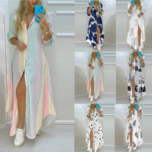 LVSANW Women Boho Printed Long Shirts Dress Summer Turn-down Collar Long Sleeve Party Dress Female Casual Evening Maxi Dresses Vestidos