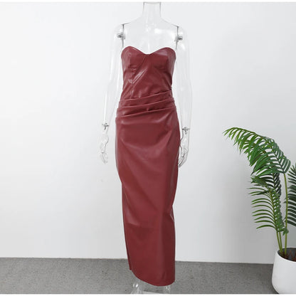 LVSANW Women Burgundy Sexy Pu Leather Strapless Dress Fashion Backless Sleeveless Long Gown 2025 New Female Evening Party Prom Robe