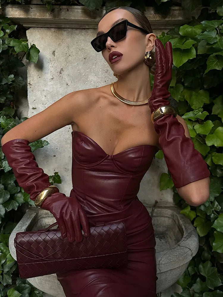 LVSANW Women Burgundy Sexy Pu Leather Strapless Dress Fashion Backless Sleeveless Long Gown 2025 New Female Evening Party Prom Robe