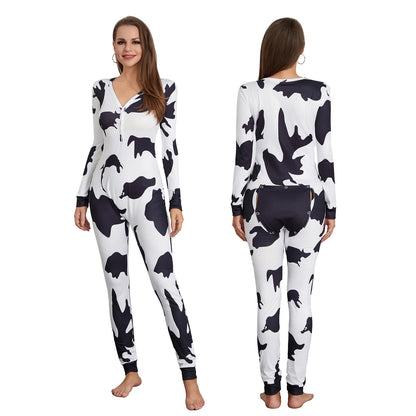 LVSANW Women Buttoned Flap Jumpsuits Sleepwear Cow Printed Long Sleeve V Neck Bodycon Romper Spring Fall Loungewear