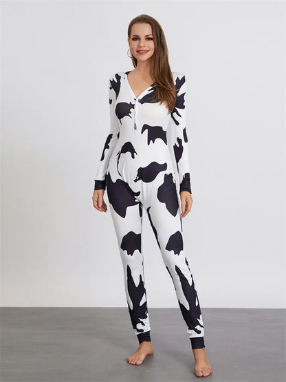 LVSANW Women Buttoned Flap Jumpsuits Sleepwear Cow Printed Long Sleeve V Neck Bodycon Romper Spring Fall Loungewear