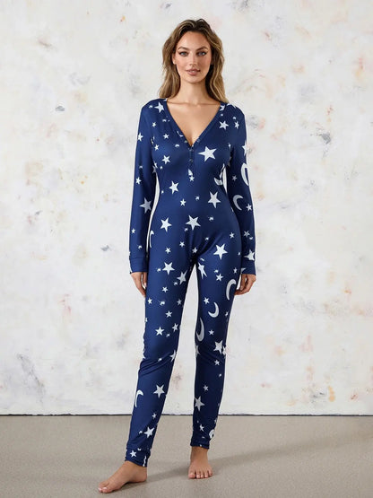 LVSANW Women Buttoned Flap Jumpsuits Sleepwear Cow Printed Long Sleeve V Neck Bodycon Romper Spring Fall Loungewear