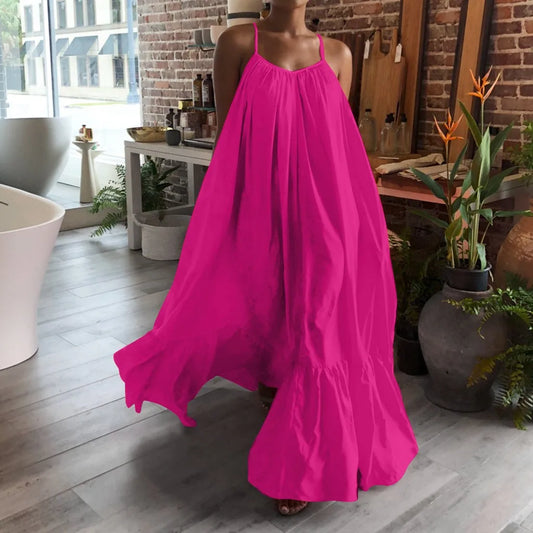 LVSANW Women Camisole Oversized Maxi Dresses Summer Casual Spaghetti Strap Loose Backless Big Swing Dress Women Solid Floor-length Robe