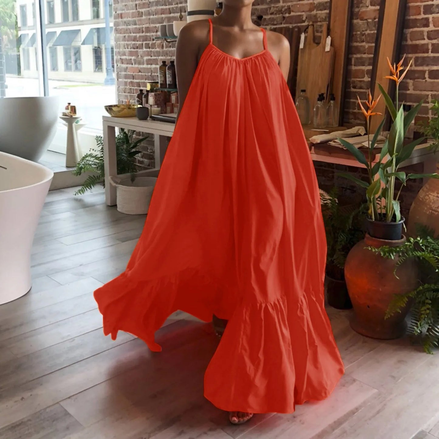 LVSANW Women Camisole Oversized Maxi Dresses Summer Casual Spaghetti Strap Loose Backless Big Swing Dress Women Solid Floor-length Robe