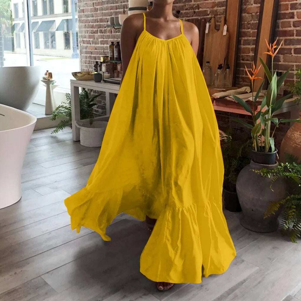 LVSANW Women Camisole Oversized Maxi Dresses Summer Casual Spaghetti Strap Loose Backless Big Swing Dress Women Solid Floor-length Robe