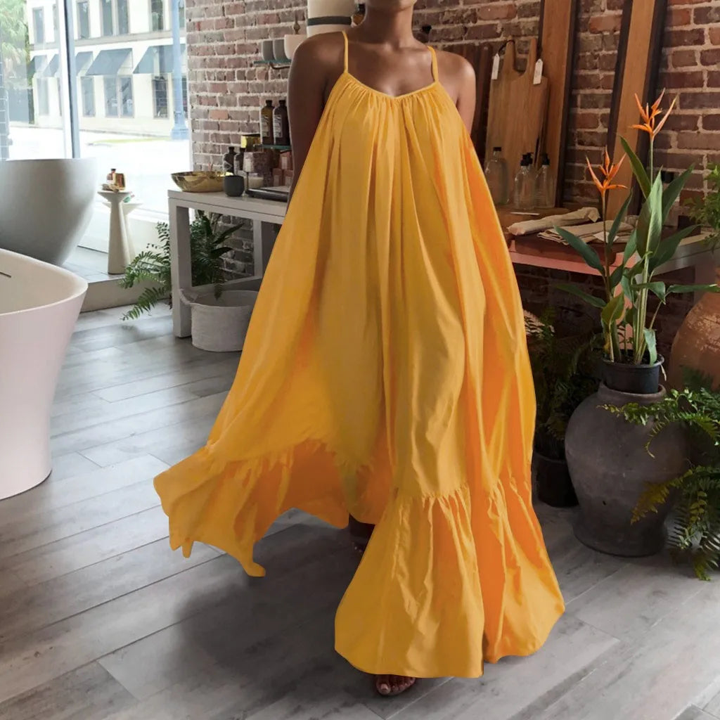 LVSANW Women Camisole Oversized Maxi Dresses Summer Casual Spaghetti Strap Loose Backless Big Swing Dress Women Solid Floor-length Robe