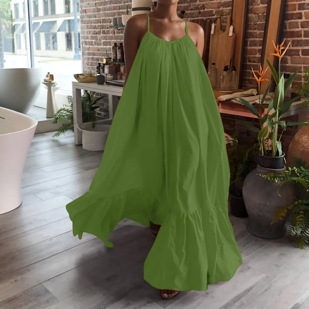 LVSANW Women Camisole Oversized Maxi Dresses Summer Casual Spaghetti Strap Loose Backless Big Swing Dress Women Solid Floor-length Robe