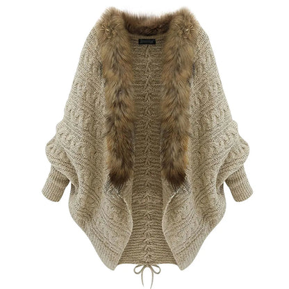 LVSANW Women Cardigans Sweater Thick Poncho Capes 2024 Autumn Winter Femme Knitted Bat Sleeve Fur Collar Sweater Knitted Long Cardigan