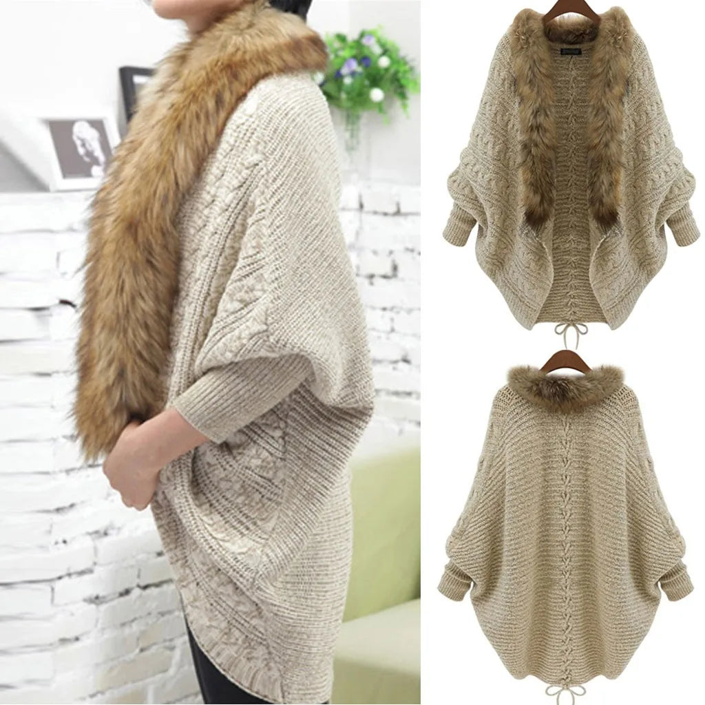 LVSANW Women Cardigans Sweater Thick Poncho Capes 2024 Autumn Winter Femme Knitted Bat Sleeve Fur Collar Sweater Knitted Long Cardigan