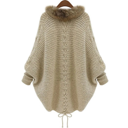 LVSANW Women Cardigans Sweater Thick Poncho Capes 2024 Autumn Winter Femme Knitted Bat Sleeve Fur Collar Sweater Knitted Long Cardigan