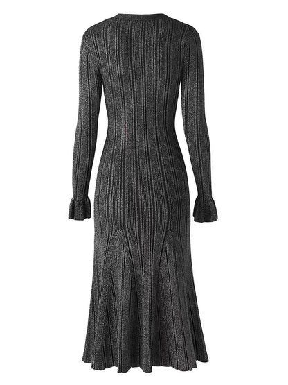 LVSANW Women Casual Elegant Street Style Knitt Dress Autumn V-neck Flared Sleeve Single Breasted High Waist Slim A-line Dress for Women