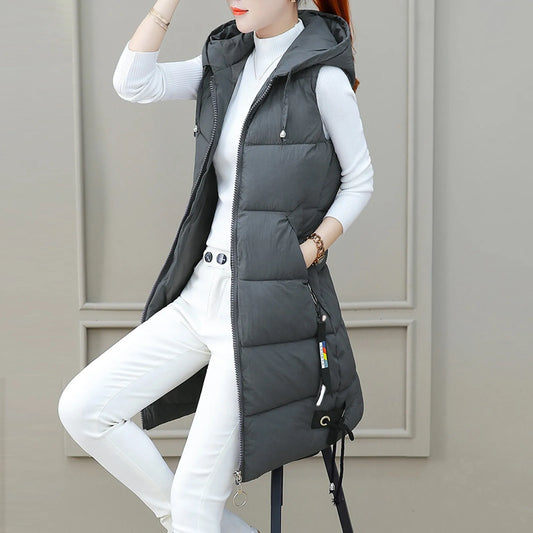 LVSANW Women Casual Solid Coat Hooded Vest Zipper Pocket Loose Sleeveless Knee-Length Long Coat Winter Plain Keep Warm Down Jacket