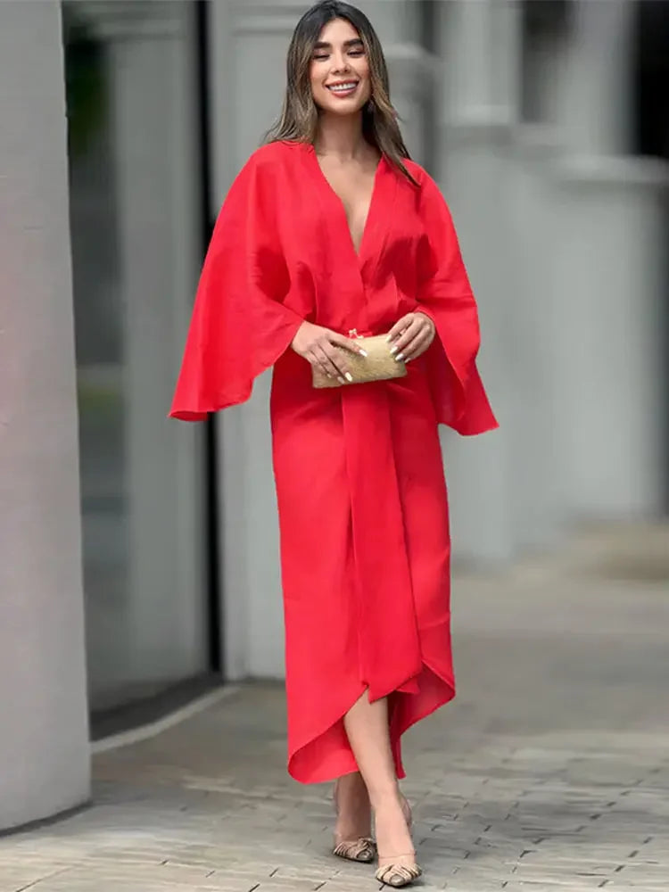 LVSANW Women Chic Solid Long Flare Sleeves Pleated Midi Dress Casual Loose V-neck Irregular Hem Vestidos 2024 Spring Lady Elegant Robes