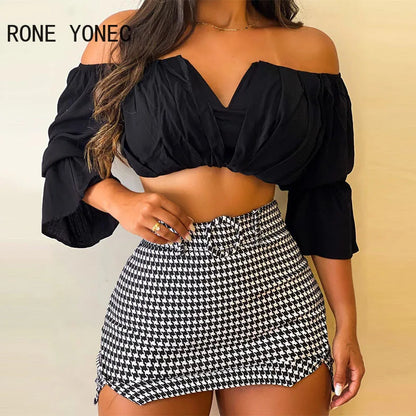 LVSANW Women Chic with Belt Slash Small V Neck Three Quarter Sleeves Houndstooth Pattern Bottom& Solid Top Bodycon Skirt Sets