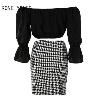 LVSANW Women Chic with Belt Slash Small V Neck Three Quarter Sleeves Houndstooth Pattern Bottom& Solid Top Bodycon Skirt Sets