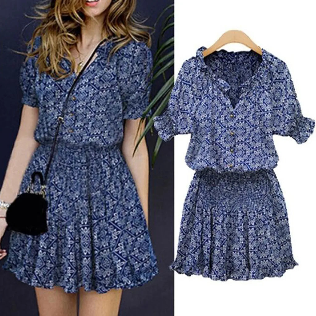 LVSANW Women Chiffon Dresses Autumn Spring Fashion Female Vestidos Short Sleeve Printed Elastic Chest Lace Up A Line Midi Casual Dress