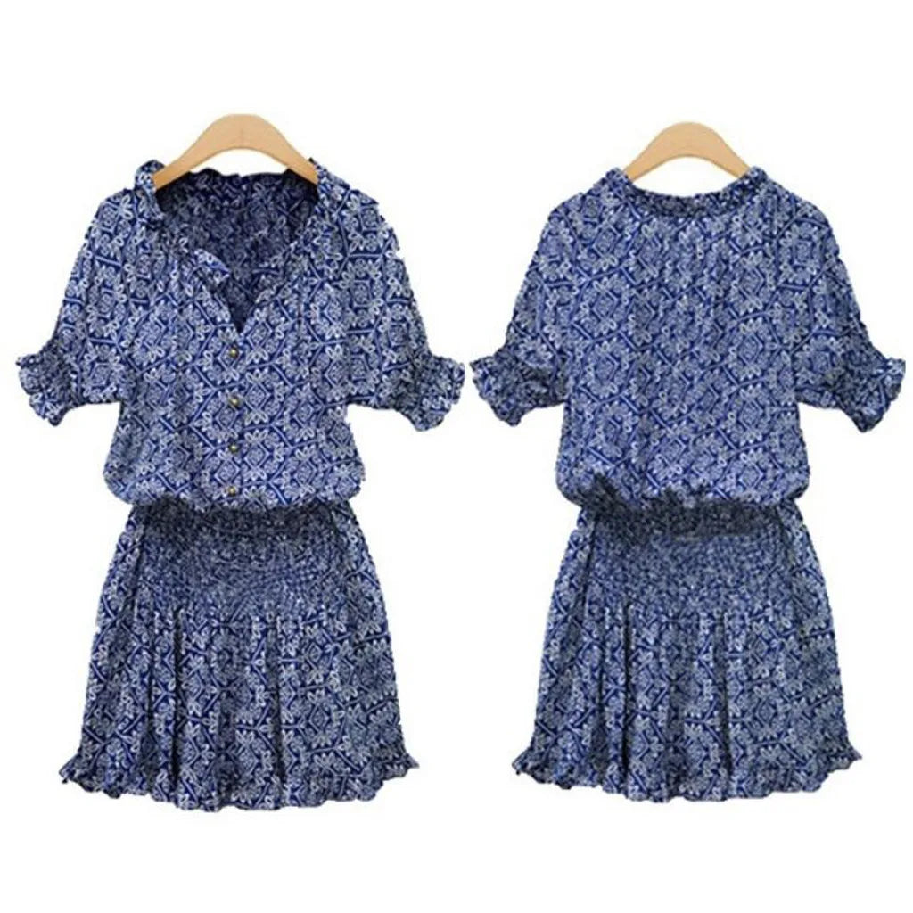 LVSANW Women Chiffon Dresses Autumn Spring Fashion Female Vestidos Short Sleeve Printed Elastic Chest Lace Up A Line Midi Casual Dress