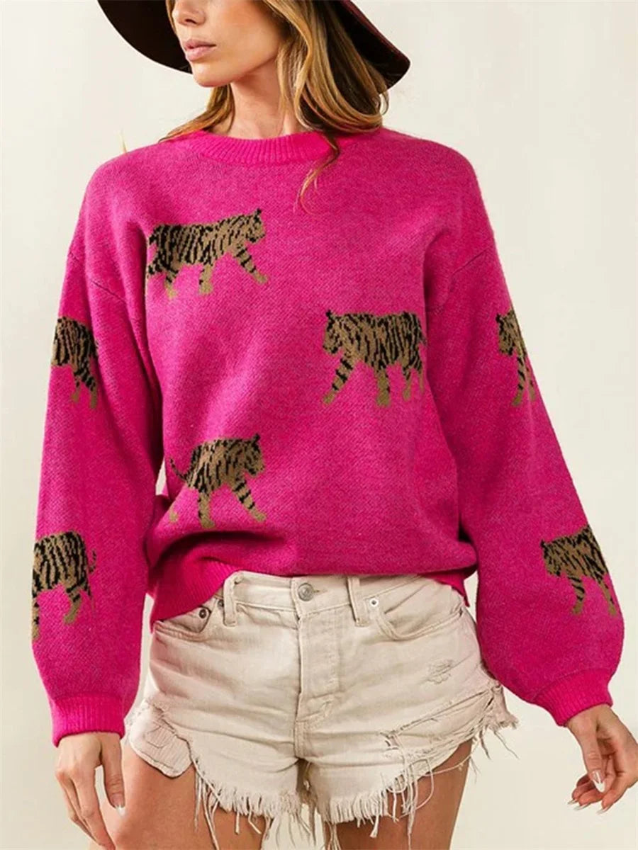 LVSANW Women Comfy Sweaters Casual Warm Tiger Print Long Sleeve Pullover Basic Knitwear for Fall Streetwear