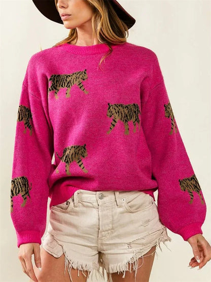 LVSANW Women Comfy Sweaters Casual Warm Tiger Print Long Sleeve Pullover Basic Knitwear for Fall Streetwear