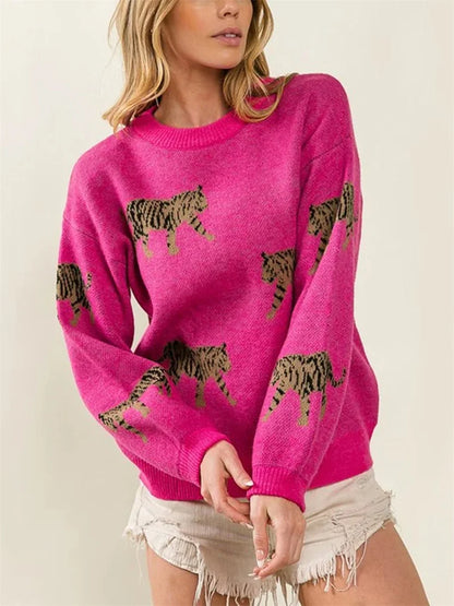 LVSANW Women Comfy Sweaters Casual Warm Tiger Print Long Sleeve Pullover Basic Knitwear for Fall Streetwear