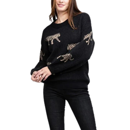 LVSANW Women Comfy Sweaters Casual Warm Tiger Print Long Sleeve Pullover Basic Knitwear for Fall Streetwear