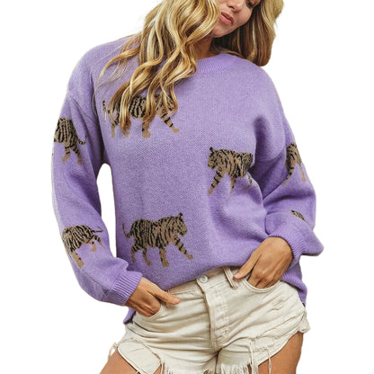 LVSANW Women Comfy Sweaters Casual Warm Tiger Print Long Sleeve Pullover Basic Knitwear for Fall Streetwear