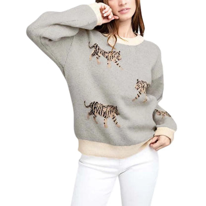 LVSANW Women Comfy Sweaters Casual Warm Tiger Print Long Sleeve Pullover Basic Knitwear for Fall Streetwear