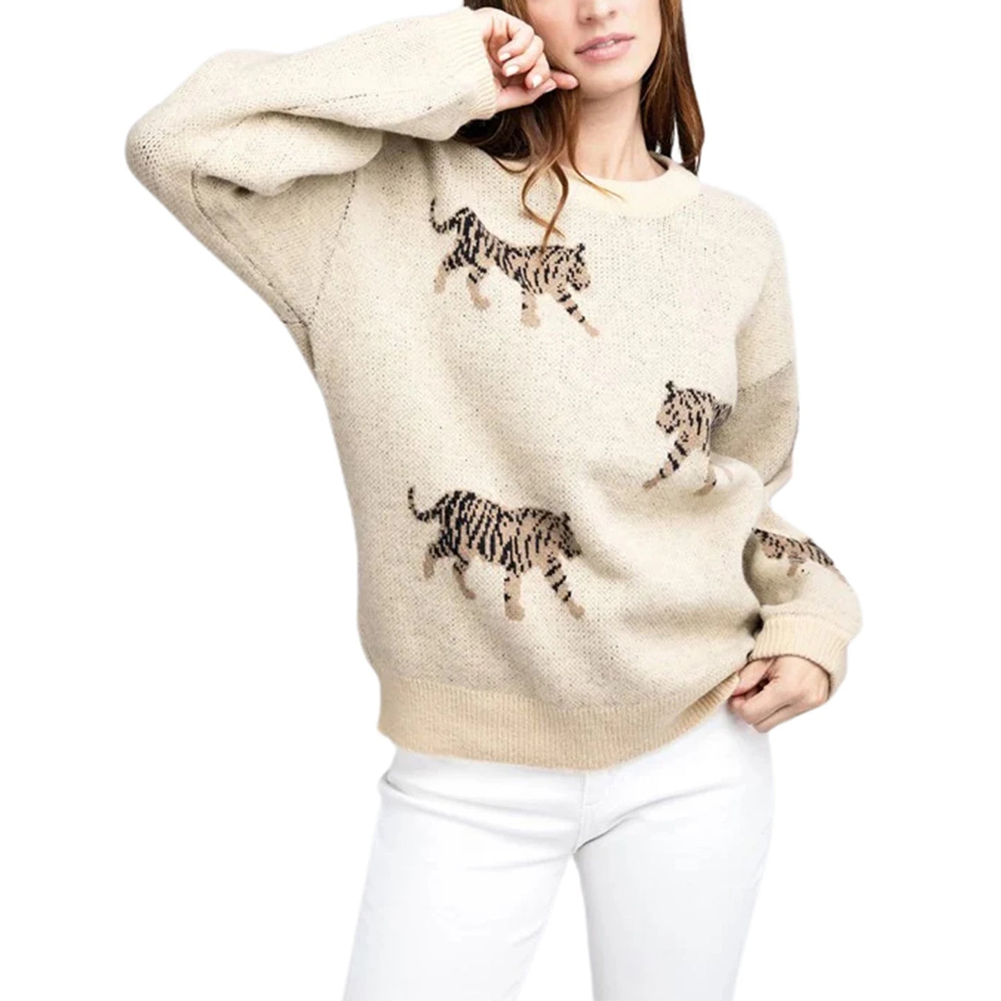 LVSANW Women Comfy Sweaters Casual Warm Tiger Print Long Sleeve Pullover Basic Knitwear for Fall Streetwear