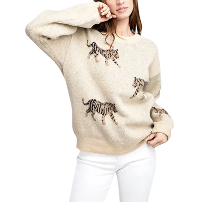 LVSANW Women Comfy Sweaters Casual Warm Tiger Print Long Sleeve Pullover Basic Knitwear for Fall Streetwear