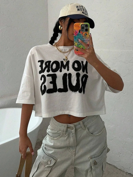 LVSANW Women Crop T-shirts No More Rules Letter Prints Tops O-Neck Short Sleeves Tees Summer Fashion Street Female Clothing