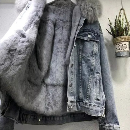 LVSANW Women Denim Cost Single Breasted Button Jackets Fleece Patchwork Cardigan Pockets Outerwear Casual Warm Solid Loose Fit