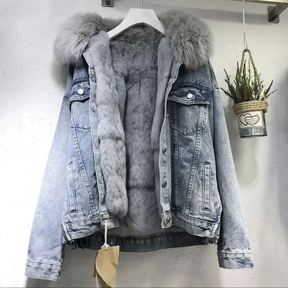 LVSANW Women Denim Cost Single Breasted Button Jackets Fleece Patchwork Cardigan Pockets Outerwear Casual Warm Solid Loose Fit