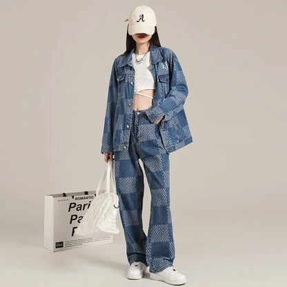 LVSANW Women Denim Jacket Long Sleeve Tops and Loose Jeans Streetwear Two Piece Suits Over Coat Full Set Autumn