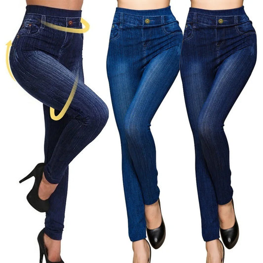 LVSANW Women Denim Leggings Fashion Slim Leggings Faux Jeans Leggings Stretch Leggins Pants Summer Breeches Multiple Sizes