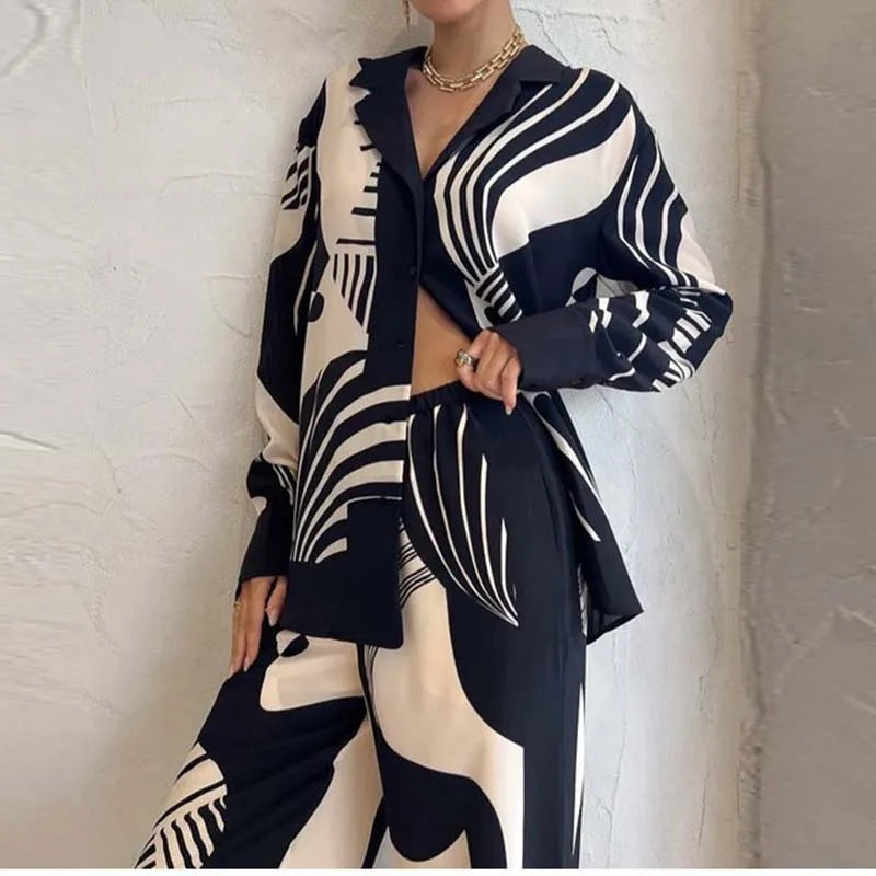 LVSANW Women Digital Print 2 Piece Set Chic Lapel Long Sleeved Blouse Top Loose Straight Leg Pants Suit Fashion Streetwear Outfits 2024