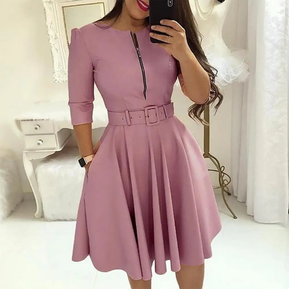 LVSANW Women Dress Casual Solid Color with Belt Tight Waist A-line Dress-up Knee Length Zipper Lady Fall Dress Female Clothes