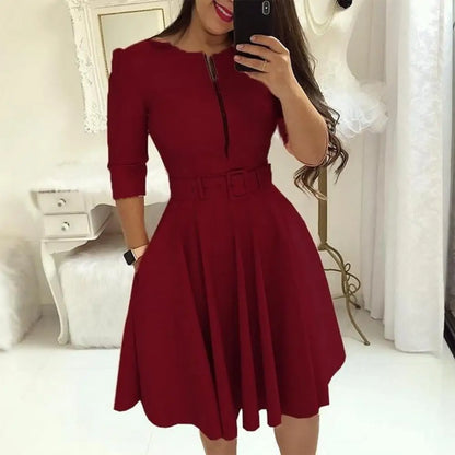 LVSANW Women Dress Casual Solid Color with Belt Tight Waist A-line Dress-up Knee Length Zipper Lady Fall Dress Female Clothes