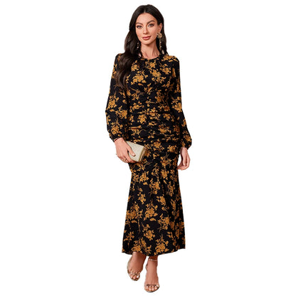 LVSANW Women Dress Fashion Black Elegant Ladies Floral Dress New Autumn Long Sleeve O-Neck Fold Long Dresses For Women New Arrival 2024