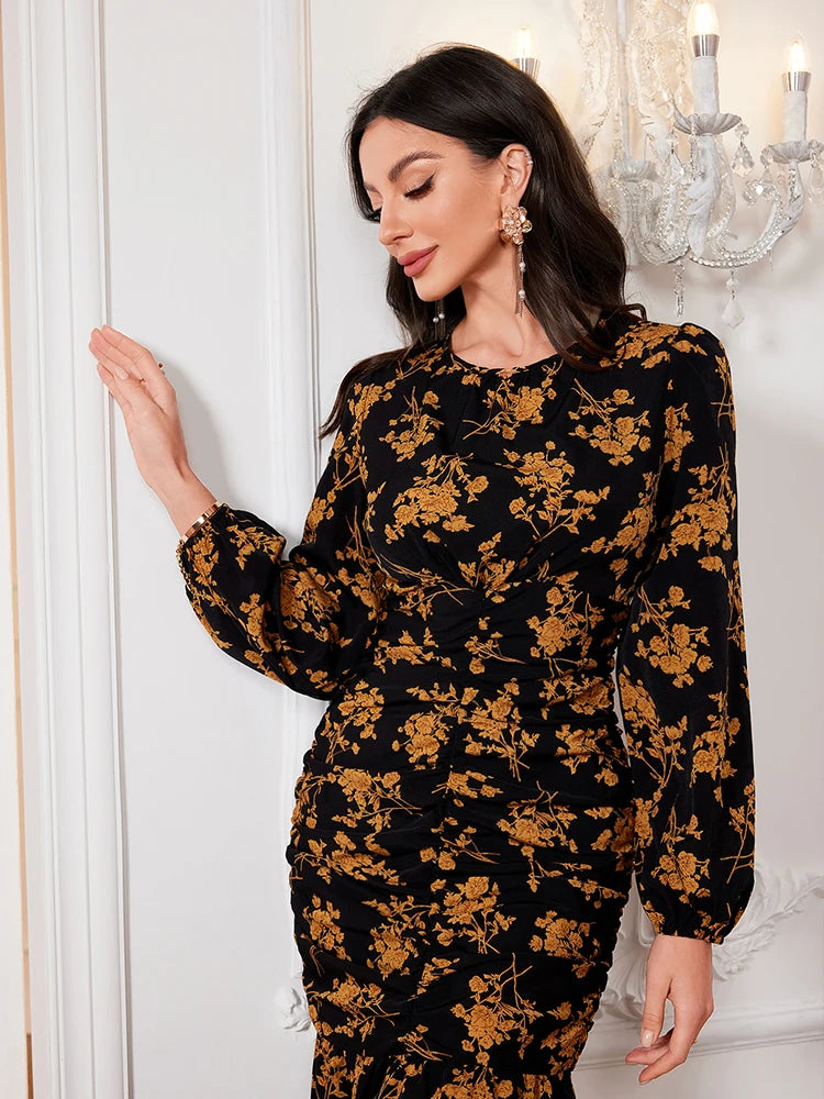 LVSANW Women Dress Fashion Black Elegant Ladies Floral Dress New Autumn Long Sleeve O-Neck Fold Long Dresses For Women New Arrival 2024